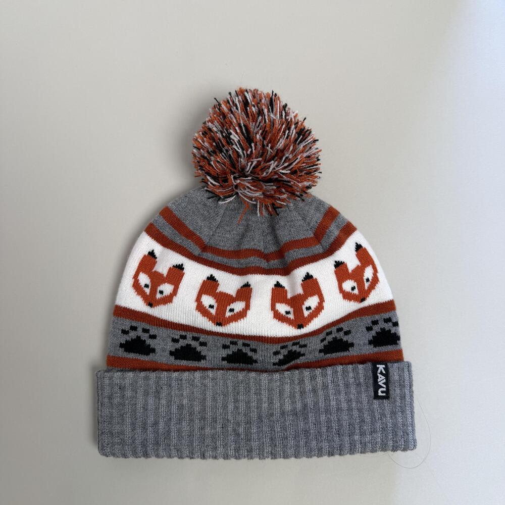 KAVU Hat Beanie Knit One Size Gray Fox Paw Print Pom Cuffed Winter Mens Animal
